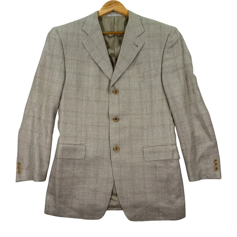 Vintage Canali Proposta Mens 38R Blazer Beige Silk Linen Wool Plaid Coat Italy